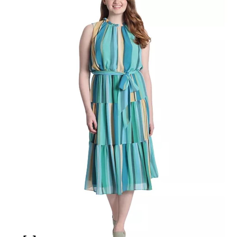 London Times | Teal & Yellow Striped Multi Sleeveless Midi Dress Size 14